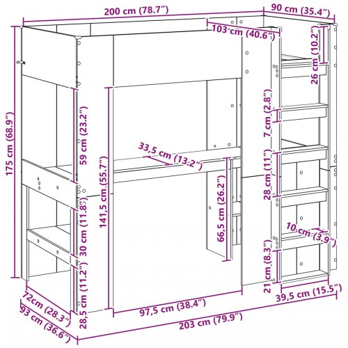Loft Sengestel med Skrivebord Sonoma eg 90 x 200 cm