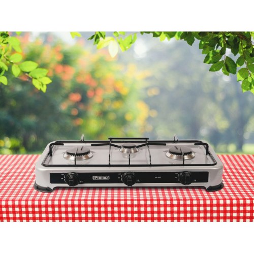 PROMIS KG300 dobbelt gasblus med låg – bærbar kogeplade i stål, 3 zoner