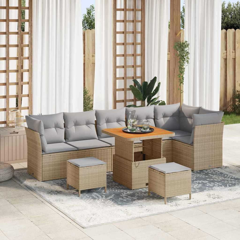 Havesofa sæt 9 dele med bord og skamler til 6 personer - beige og lys grå