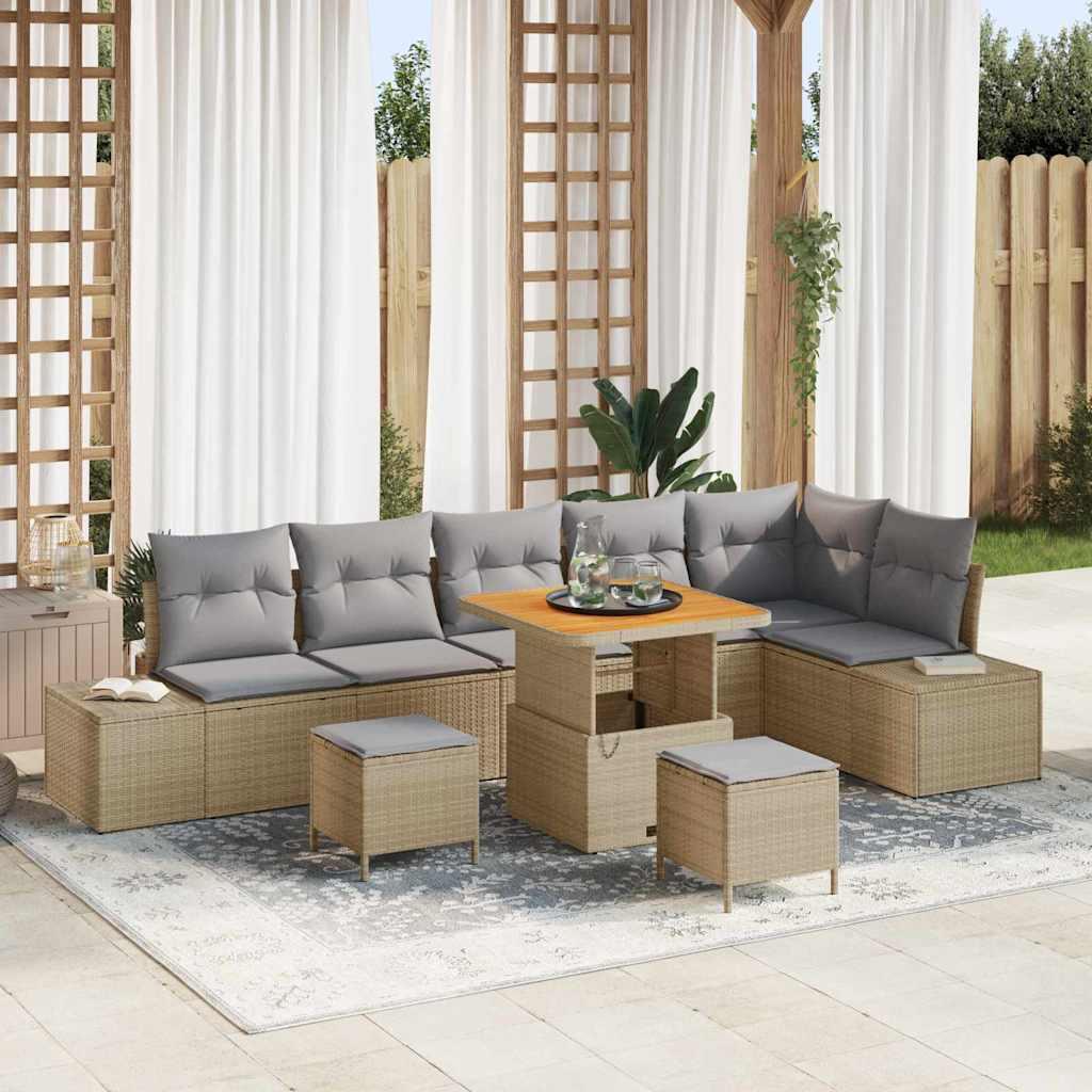 Havesofa sæt 9 dele med 8 siddepladser i beige poly rattan
