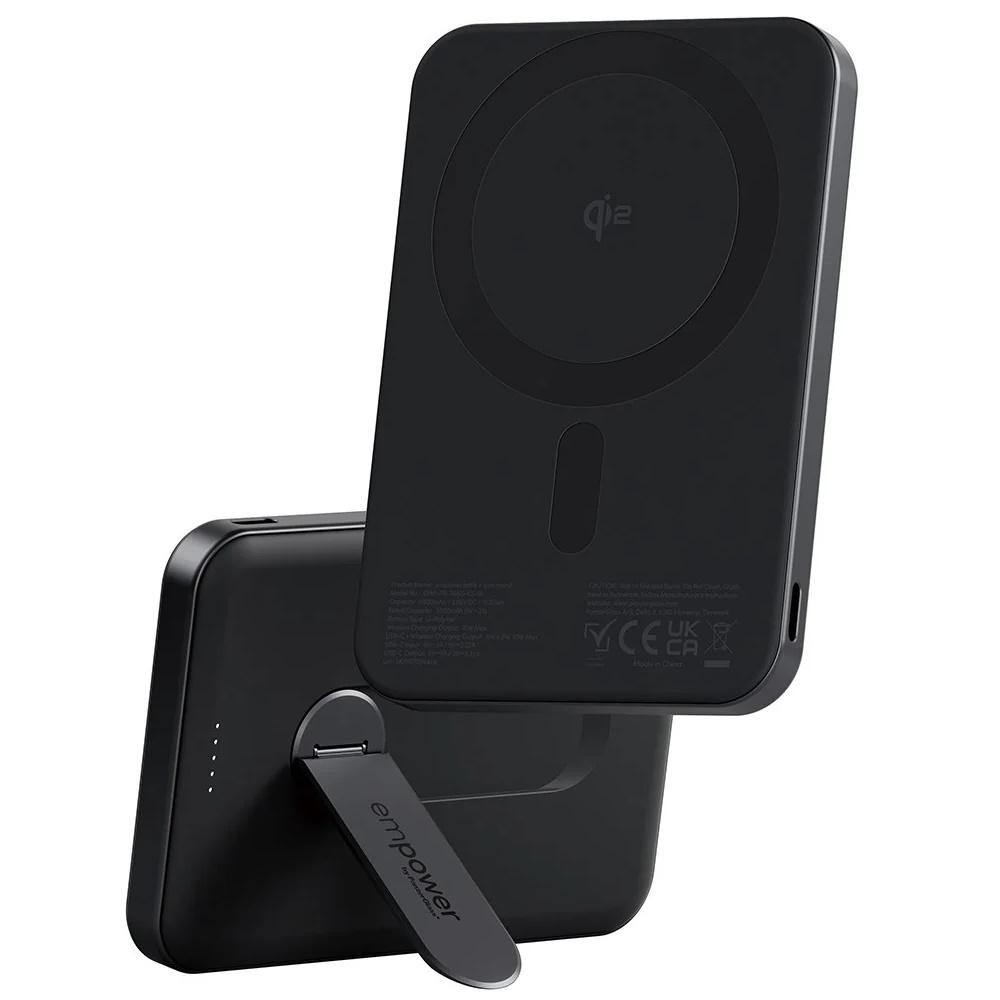 PanzerGlass empower by ® empower Bank m. Spin Stand | 5000mAh | Space Black, Apple, Apple - iPhone 17/16/15/14/13/12, Qi enabled smartphones, Airpods Pro Gen 2/3, Airpods Gen3, Tør påføring, Sort, 1 stk