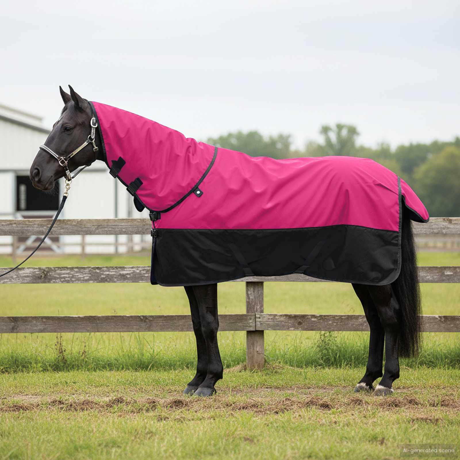 Hestetæppe 165 cm - vandtæt polyester, pink/sort