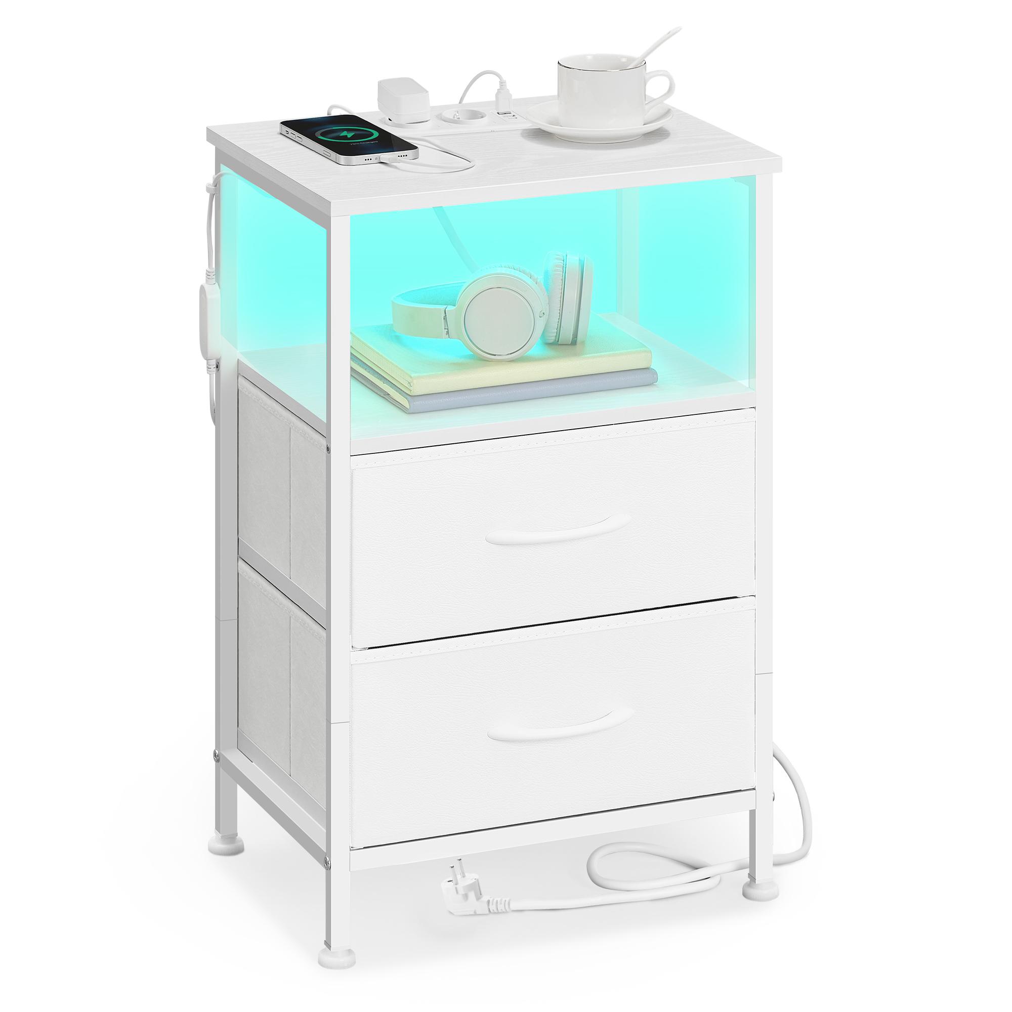 Sengebord med ladestation og app-styret LED – 1 åbent rum, 2 skuffer – Cloud White/Snow White