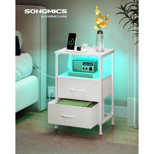 Sengebord med ladestation og app-styret LED – 1 åbent rum, 2 skuffer – Cloud White/Snow White