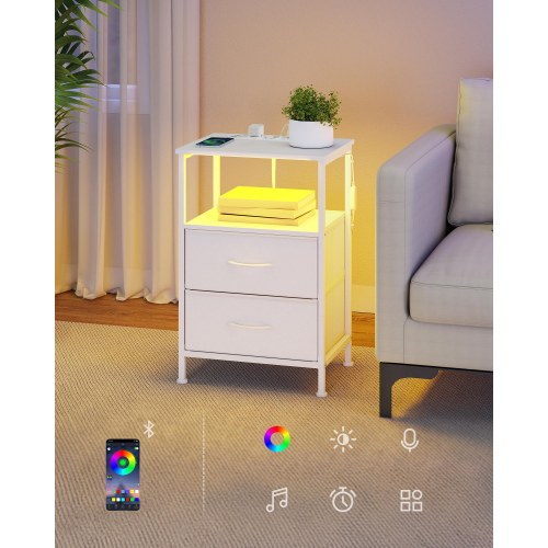 Sengebord med ladestation og app-styret LED – 1 åbent rum, 2 skuffer – Cloud White/Snow White