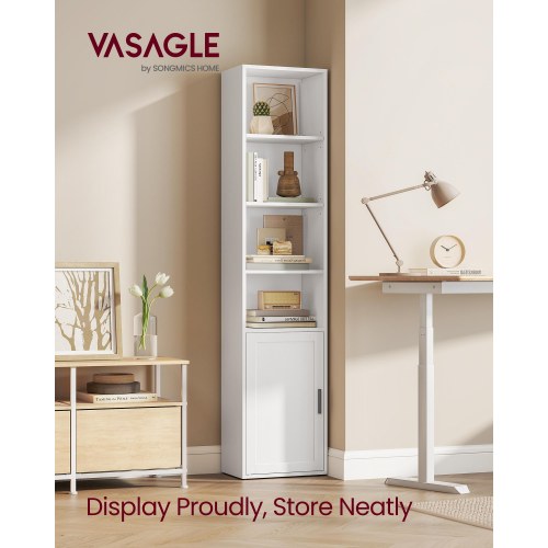 Høj smal bogreol med låge – 6 niveauer, justerbare hylder, 24 × 31,8 × 175 cm – cloud hvid