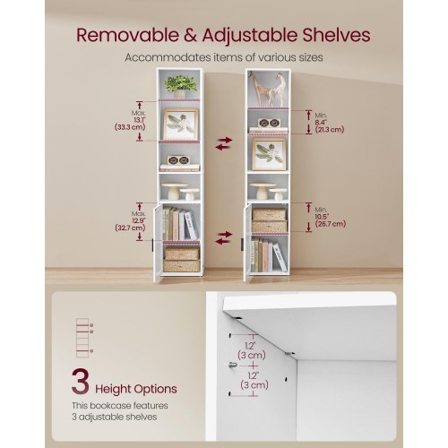 Høj smal bogreol med låge – 6 niveauer, justerbare hylder, 24 × 31,8 × 175 cm – cloud hvid