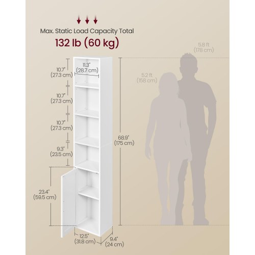 Høj smal bogreol med låge – 6 niveauer, justerbare hylder, 24 × 31,8 × 175 cm – cloud hvid