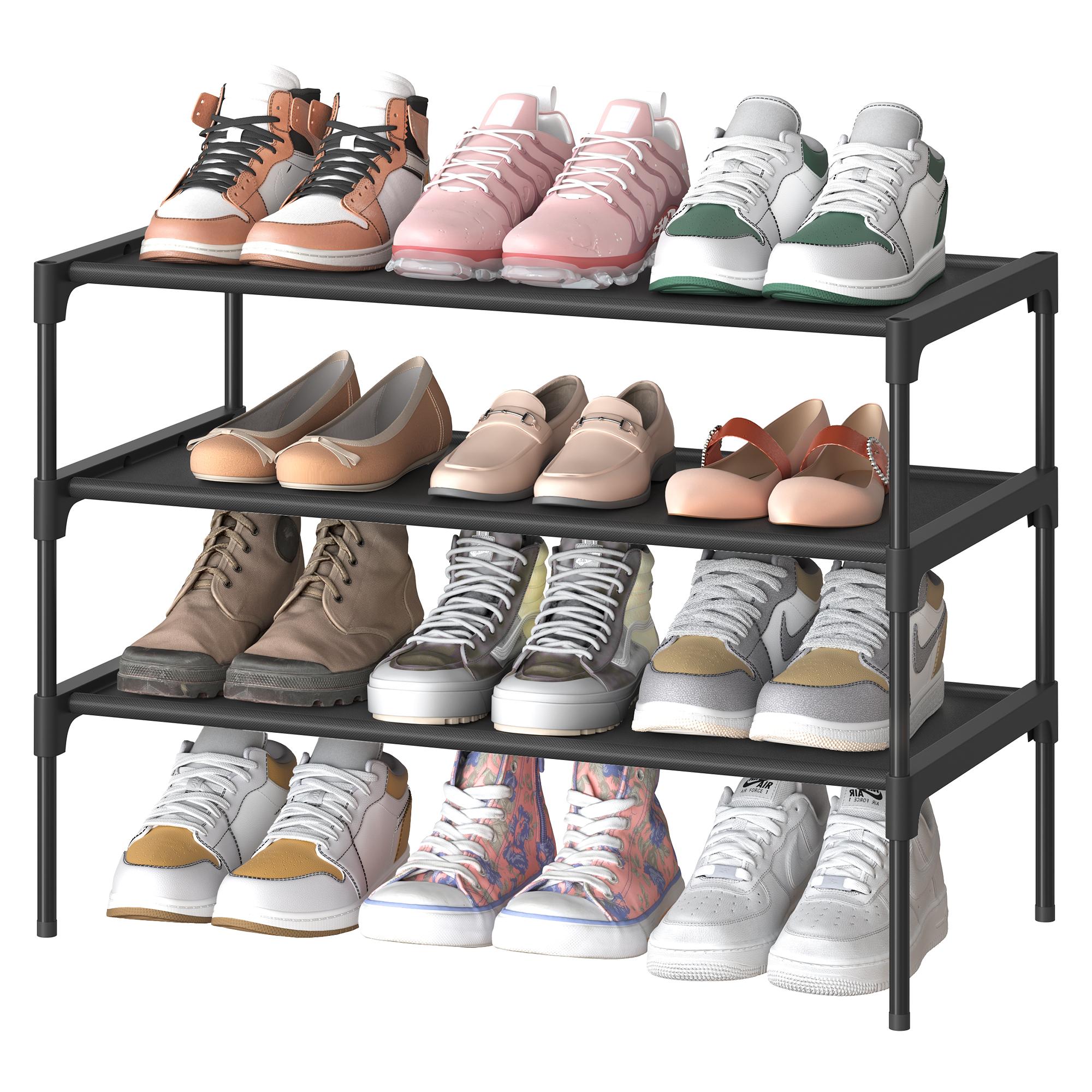 Skostativ med 3 hylder – pladsbesparende skoreol i metal med non-woven hylder, ink black