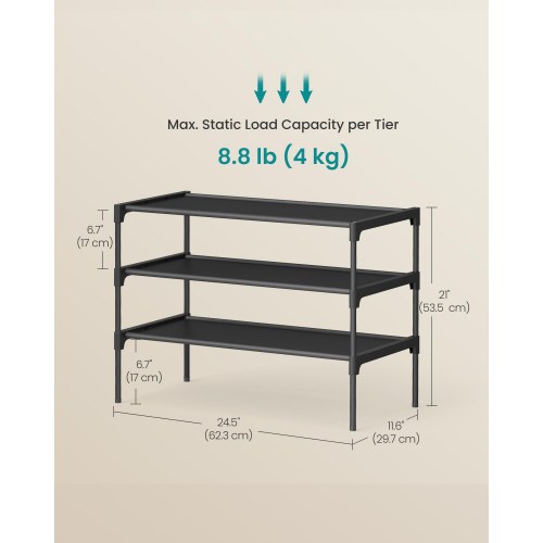 Skostativ med 3 hylder – pladsbesparende skoreol i metal med non-woven hylder, ink black