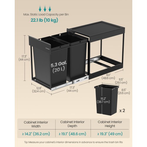 Indbygget skraldespand til køkkenskab – 2 x 20 l, udtræk, stålramme, ABS-låg, ink black (LTB951B01)