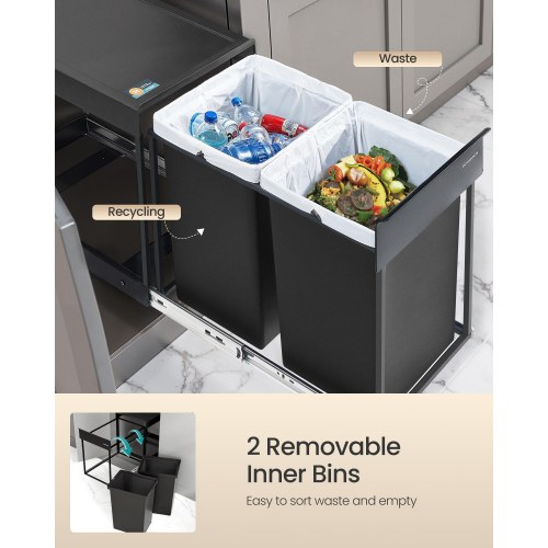 Indbygget skraldespand til køkkenskab – 2 x 20 l, udtræk, stålramme, ABS-låg, ink black (LTB951B01)