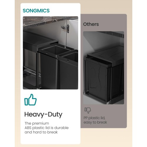 Indbygget skraldespand til køkkenskab – 2 x 20 l, udtræk, stålramme, ABS-låg, ink black (LTB951B01)