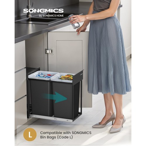 Indbygget køkkenspand med udtræk – 2 x 15 l dobbelt rum, stålskinne og ABS-låg, ink black