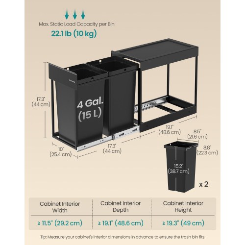 Indbygget køkkenspand med udtræk – 2 x 15 l dobbelt rum, stålskinne og ABS-låg, ink black