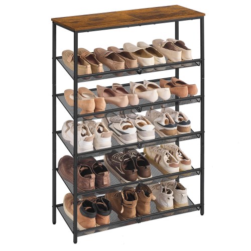 Skoreol med 6 hylder – justerbar fritstående organizer til entré, brun/sort