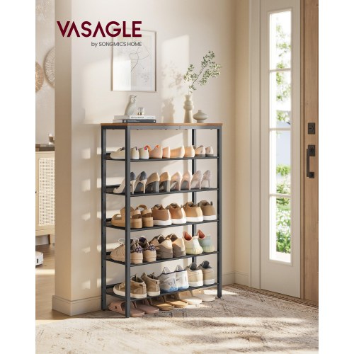 Skoreol med 6 hylder – justerbar fritstående organizer til entré, brun/sort