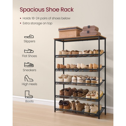 Skoreol med 6 hylder – justerbar fritstående organizer til entré, brun/sort