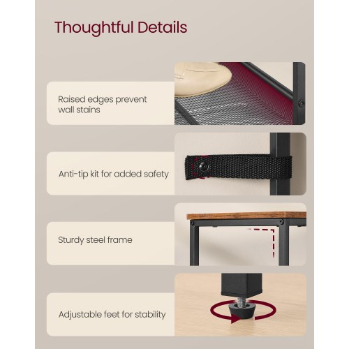 Skoreol med 6 hylder – justerbar fritstående organizer til entré, brun/sort