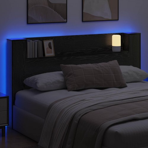 Sengegavl med LED og hylder - sort eg, 180 x 16,5 x 103,5 cm