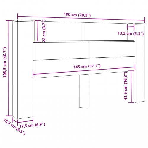 Sengegavl med LED og hylder - sort eg, 180 x 16,5 x 103,5 cm