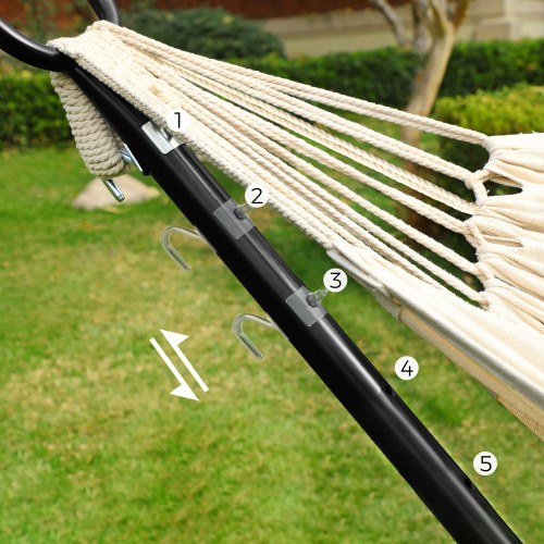 Hængekøje med stativ – 210 × 150 cm, 5 højder, metalramme, 240 kg – sort stativ og beige hængekøje