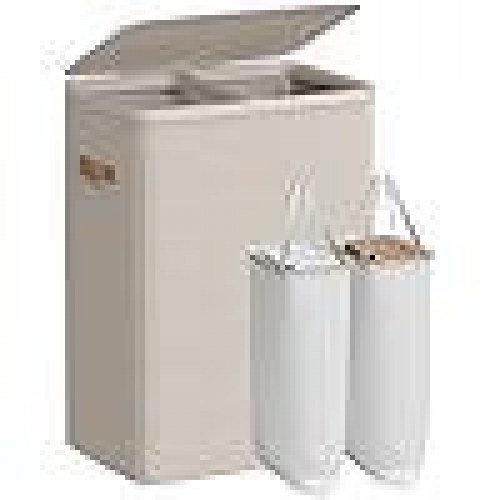 Vasketøjskurv med låg – 2 rum, 56 × 40 × 75 cm, cappuccino beige