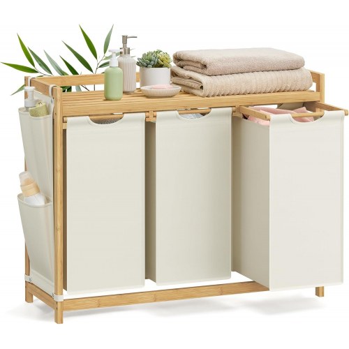 Vasketøjssorterer med 3 rum, hylde og sidelommer – 150 l, cremehvid (94 × 33 × 78 cm)