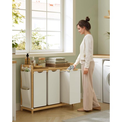 Vasketøjssorterer med 3 rum, hylde og sidelommer – 150 l, cremehvid (94 × 33 × 78 cm)