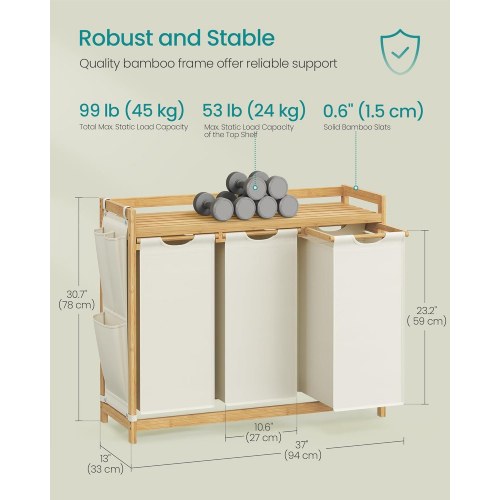 Vasketøjssorterer med 3 rum, hylde og sidelommer – 150 l, cremehvid (94 × 33 × 78 cm)