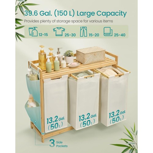 Vasketøjssorterer med 3 rum, hylde og sidelommer – 150 l, cremehvid (94 × 33 × 78 cm)