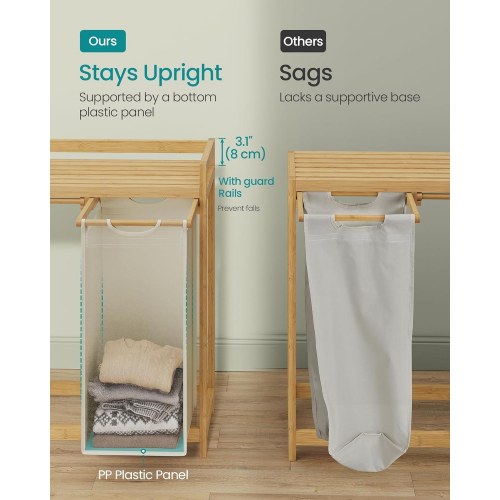 Vasketøjssorterer med 3 rum, hylde og sidelommer – 150 l, cremehvid (94 × 33 × 78 cm)