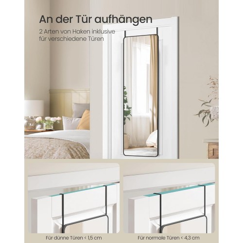 Fuldfigurspejl 120 × 40 cm - rektangulært væg- og dørspejl i hærdet glas, aluminiumsramme - tintesort