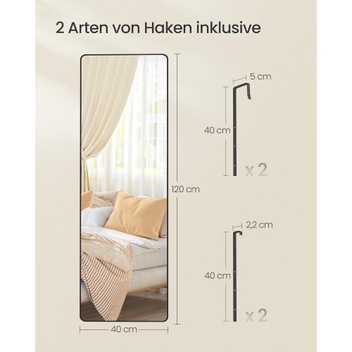 Fuldfigurspejl 120 × 40 cm - rektangulært væg- og dørspejl i hærdet glas, aluminiumsramme - tintesort