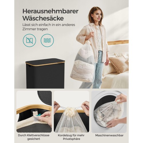 Vasketøjskurv med låg 2 rum 130 l - Ink Black