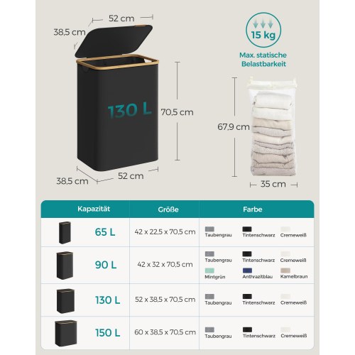 Vasketøjskurv med låg 2 rum 130 l - Ink Black