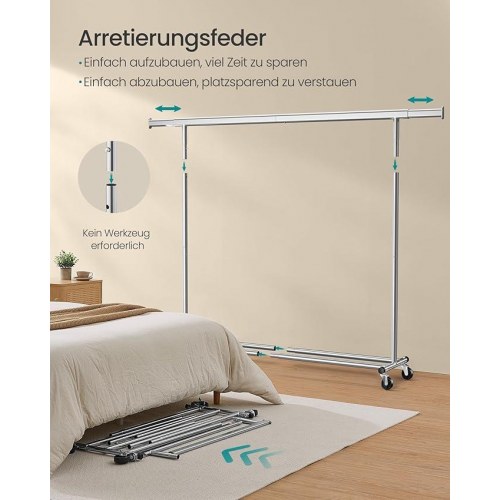 Tøjstativ på hjul - udtrækkelig bøjlestang, 150 kg, sølv (HSR175E01)