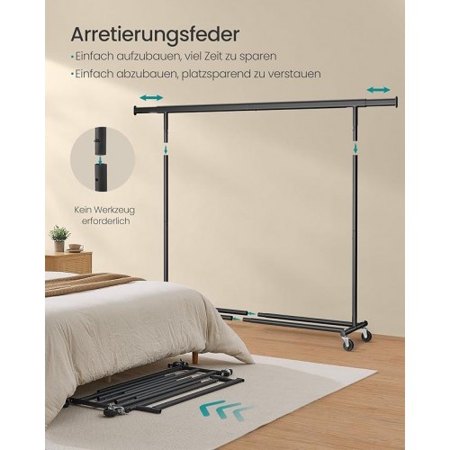 Tøjstativ på hjul - kraftig, udtrækkelig bøjlestang, max belastning 150 kg, nem montering - sort (HSR175B01)