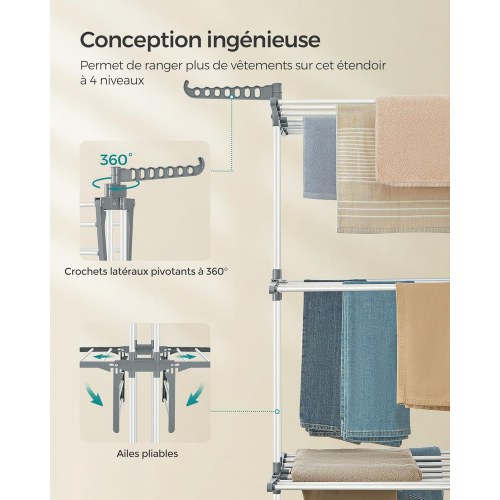 Tørrestativ med hjul – 4 niveauer, sammenklappeligt 63,5 × 128 × 173 cm, hvid