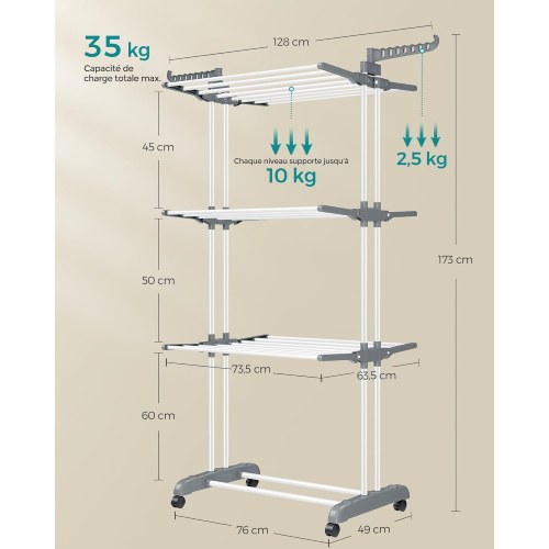 Tørrestativ med hjul – 4 niveauer, sammenklappeligt 63,5 × 128 × 173 cm, hvid
