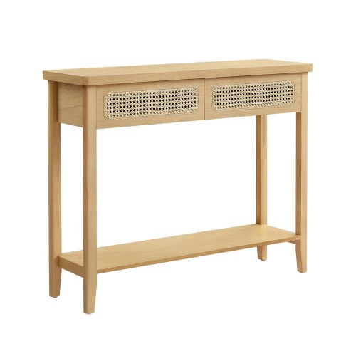 Konsolbord med 2 skuffer og hylde - boho stil, egetræsbeige (100 × 30 × 80 cm)