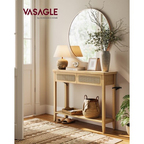 Konsolbord med 2 skuffer og hylde - boho stil, egetræsbeige (100 × 30 × 80 cm)