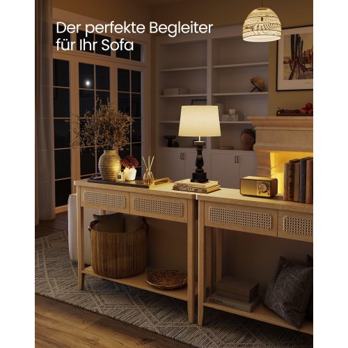 Konsolbord med 2 skuffer og hylde - boho stil, egetræsbeige (100 × 30 × 80 cm)