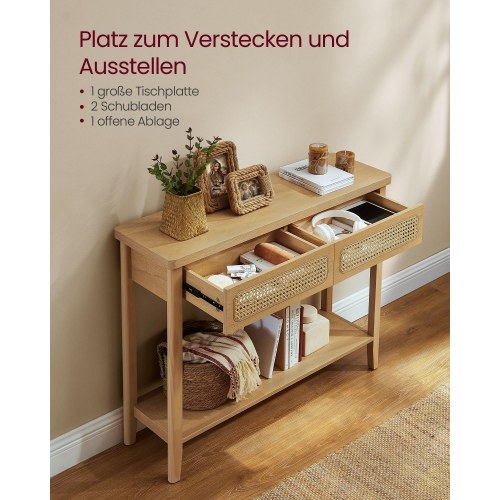 Konsolbord med 2 skuffer og hylde - boho stil, egetræsbeige (100 × 30 × 80 cm)