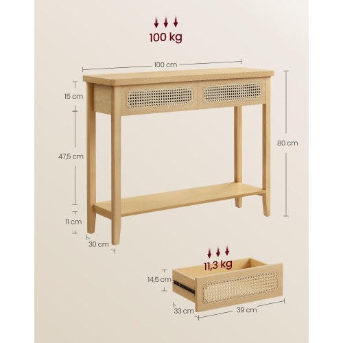 Konsolbord med 2 skuffer og hylde - boho stil, egetræsbeige (100 × 30 × 80 cm)