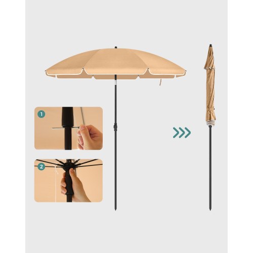 Parasol 1,6 m til strand og have - taupe, UPF 50+, vippefunktion og bæretaske