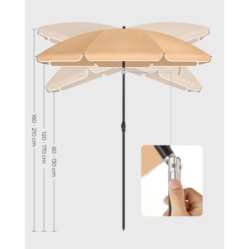 Parasol 1,6 m til strand og have - taupe, UPF 50+, vippefunktion og bæretaske