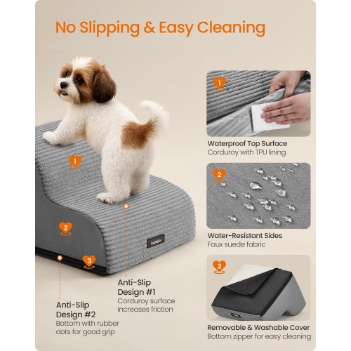 FEANDREA hundetrappe 2-trins – blid rampe til sofa og seng, skridsikker, aftageligt vaskbart betræk, vandtæt foring, håndtag – duegrå (PPS002G01)