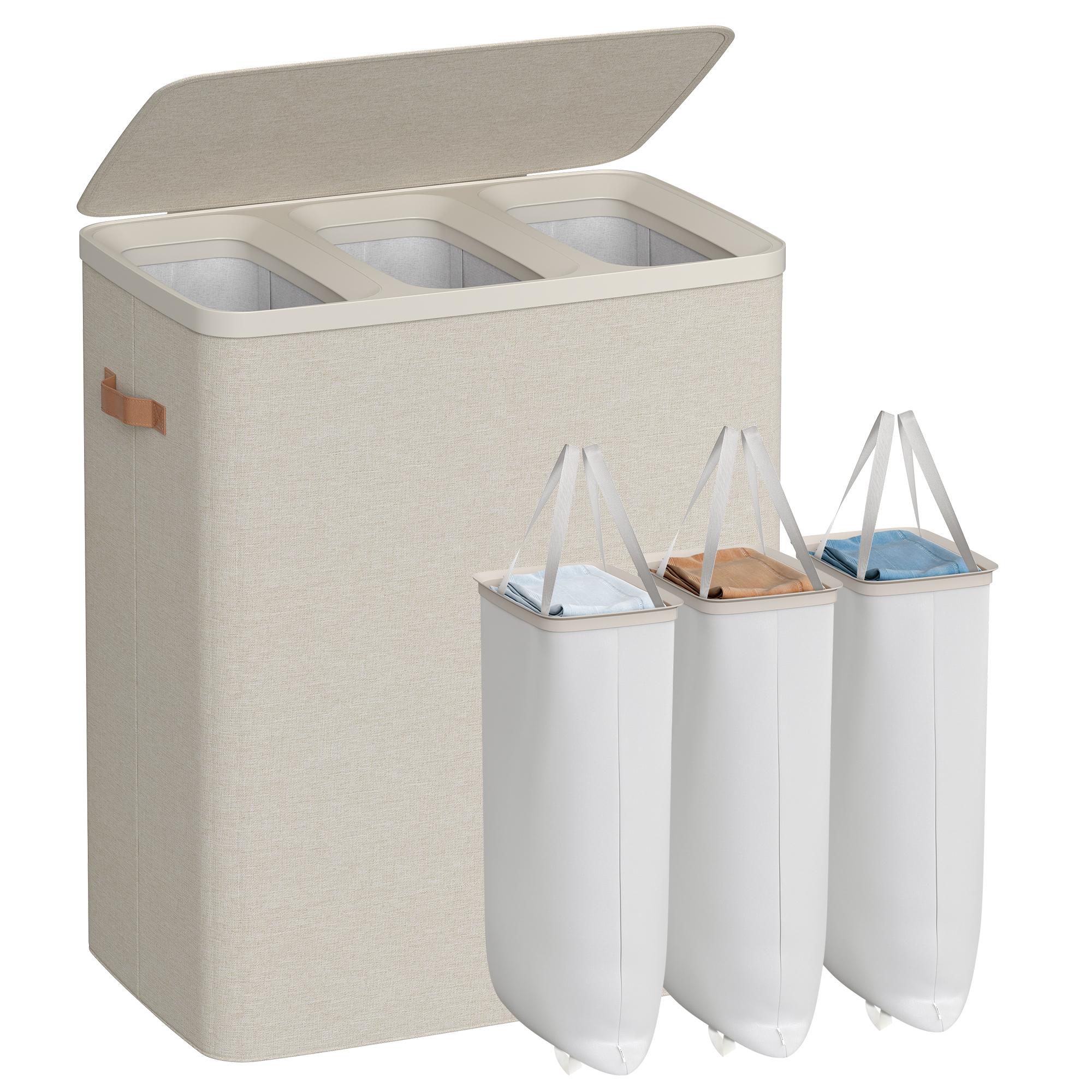Vasketøjskurv med 3 rum – låg, håndtag og aftagelige poser, 190 l, cappuccino beige, 64 × 40 × 75 cm