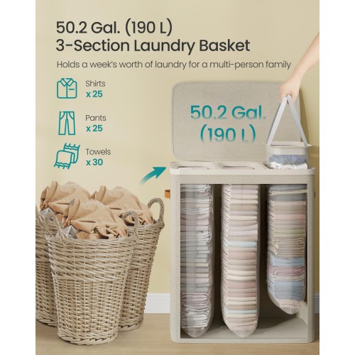 Vasketøjskurv med 3 rum – låg, håndtag og aftagelige poser, 190 l, cappuccino beige, 64 × 40 × 75 cm